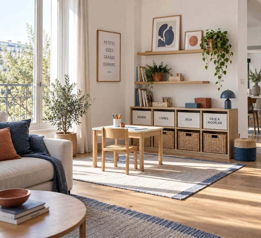 Coin jeux créatif et organisé pour enfants aménagé dans un angle de salon