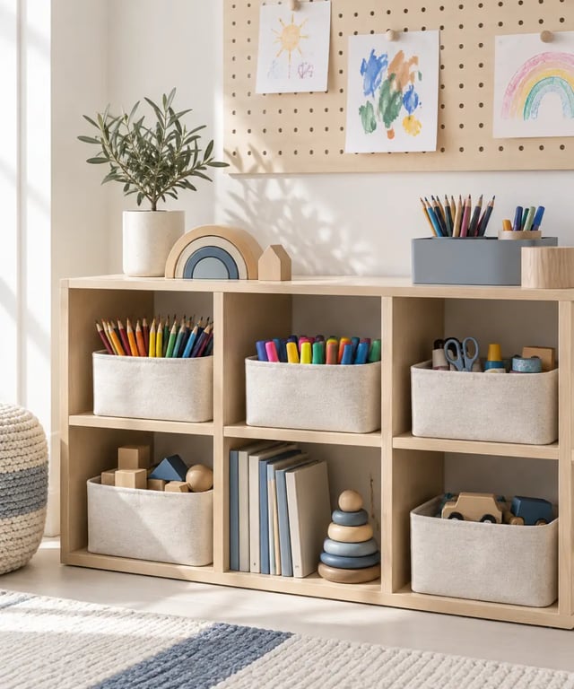 Rangement organisé par catégories pour le matériel créatif d'un coin jeux enfant