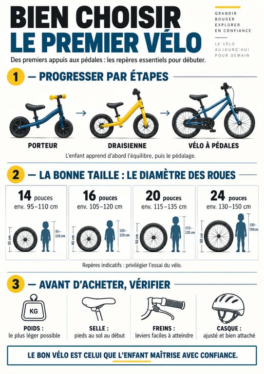 Infographie pour choisir le premier vélo de votre enfant pour débuter selon la taille et les pouces