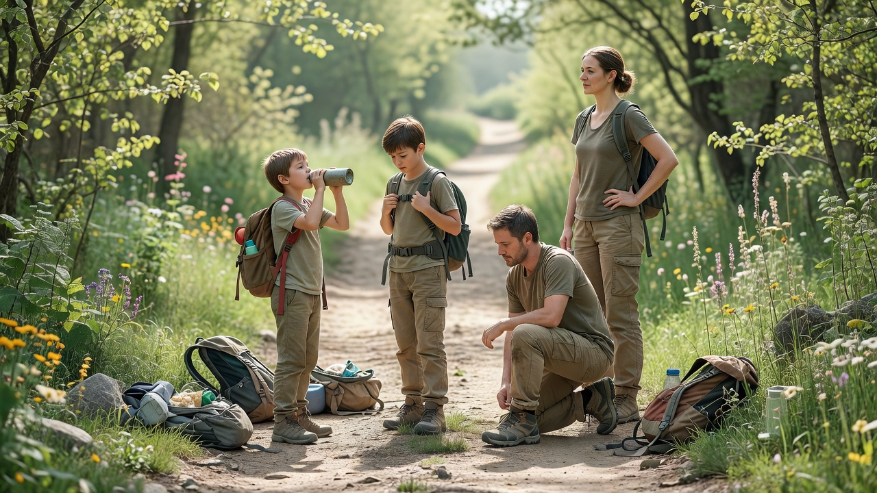 Famille en pause sur un sentier de randonnée, avec deux enfants qui boivent près d'un point d'eau