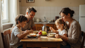 Famille autour d'une table de kitchenette de vacances, petit-déjeuner maison au pain, fruits et yaourt