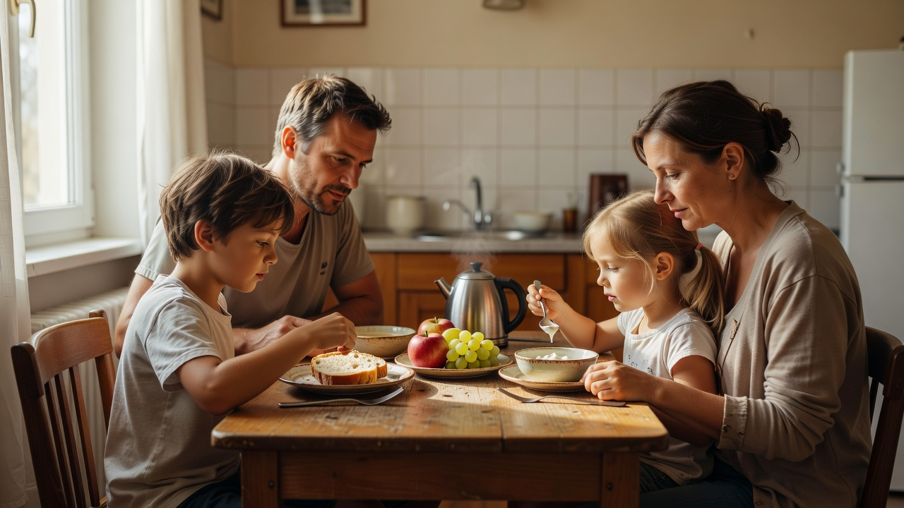 Famille autour d'une table de kitchenette de vacances, petit-déjeuner maison au pain, fruits et yaourt