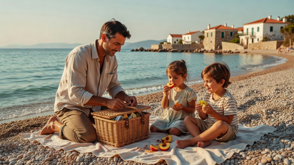 Pique-nique familial sur une plage calme, panier ouvert et enfants mangeant des fruits