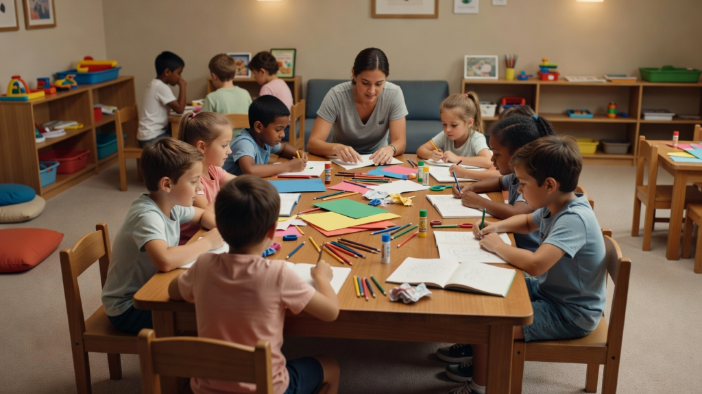 Enfants au club enfant d'un club tout compris lors d'un atelier encadré