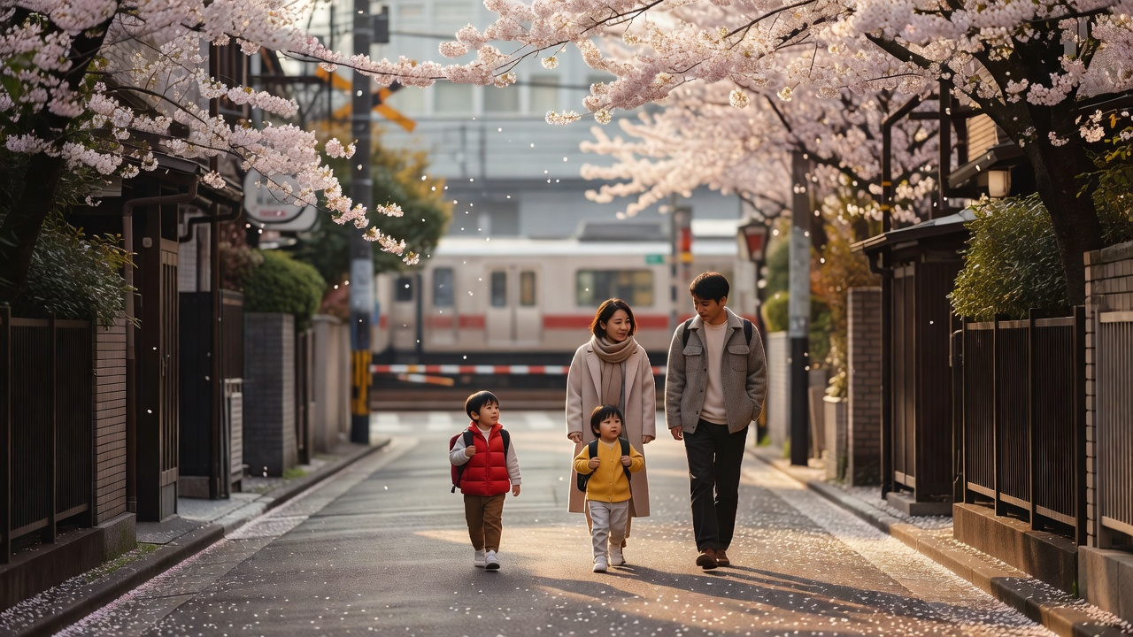 Famille avec enfants marchant dans une rue calme de Tokyo le matin