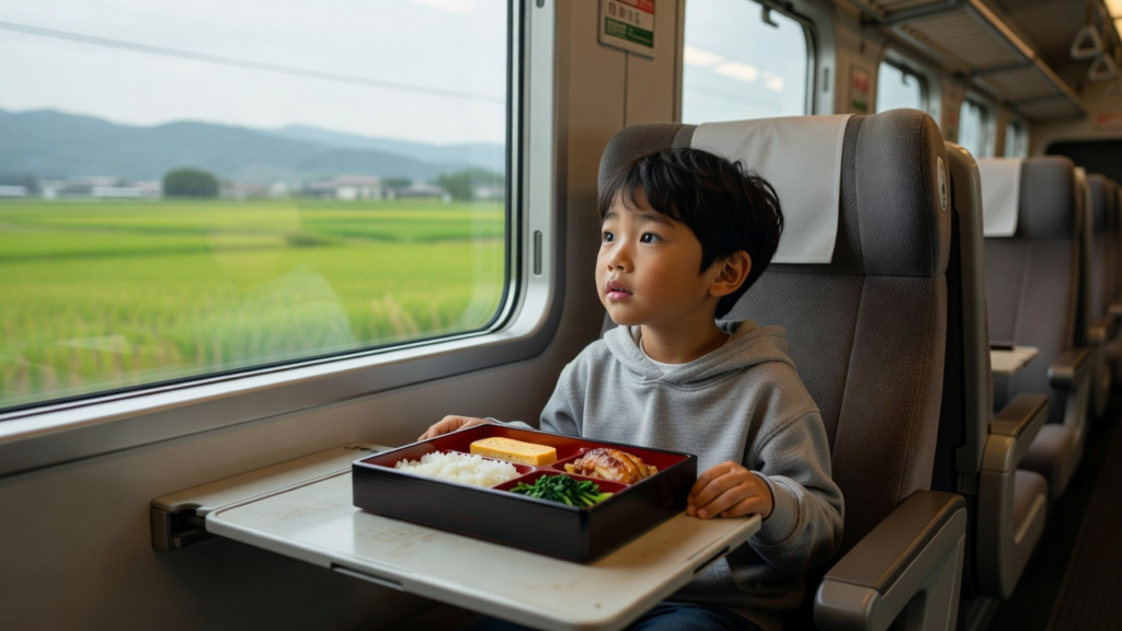 Enfant regardant par la fenêtre d’un train au Japon