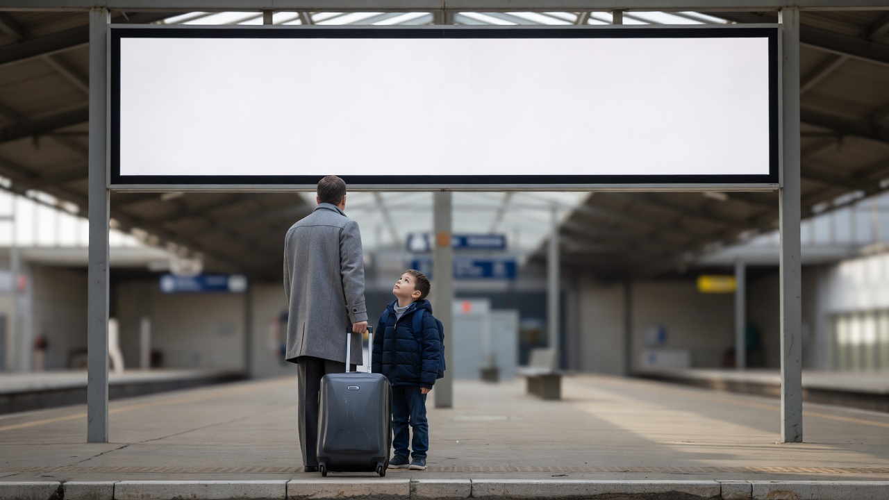 Adulte et enfant immobiles sur un quai, valise à roulettes, panneau sans texte.