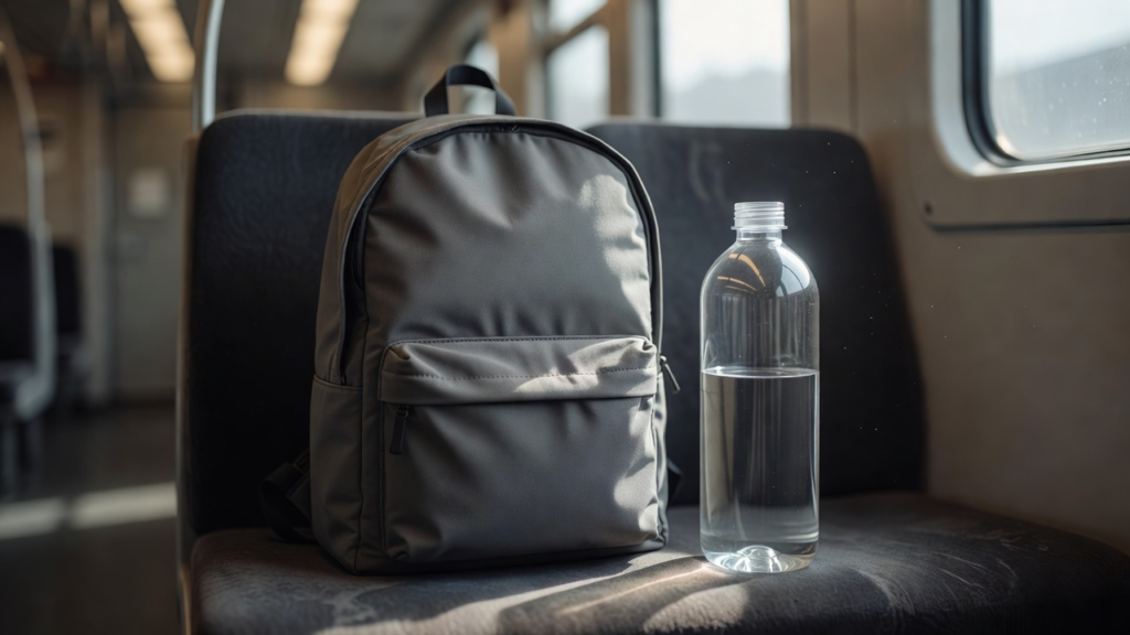 Sac à dos gris sans marque et bouteille d'eau sur un siège de train.