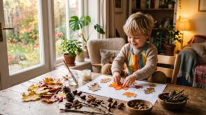 Enfant de 4 ans en tablier collant des feuilles d'automne sur la table, à la maison