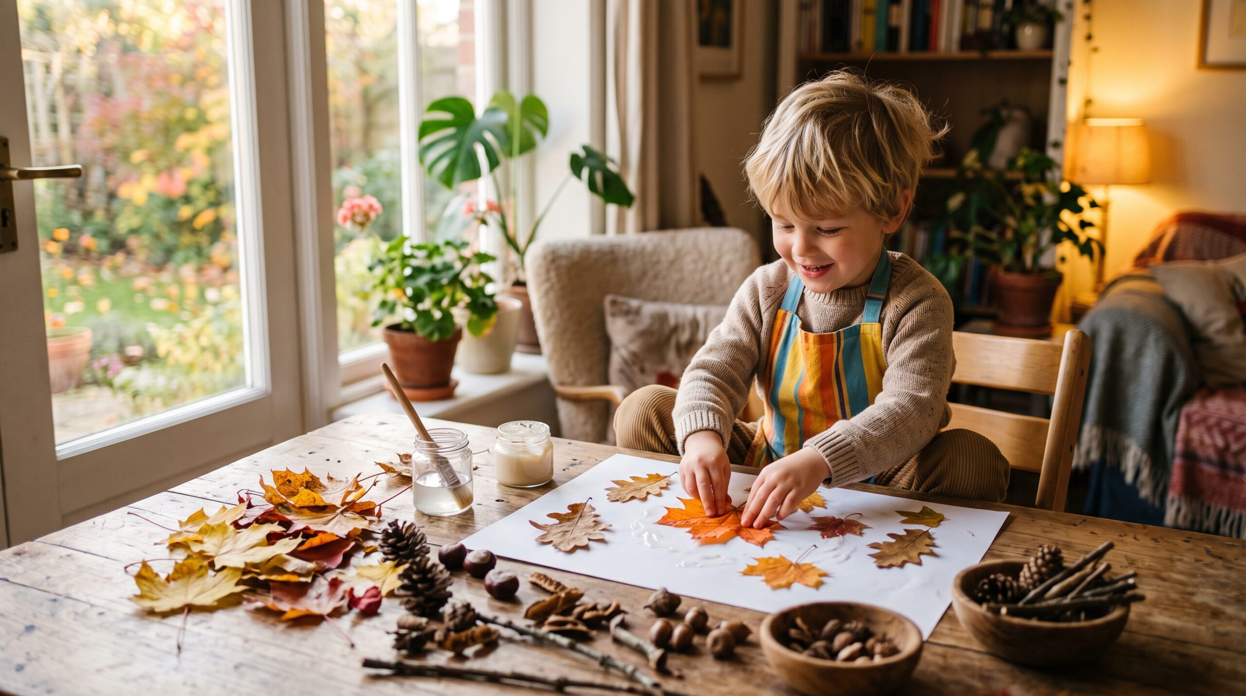 Enfant de 4 ans en tablier collant des feuilles d'automne sur la table, à la maison