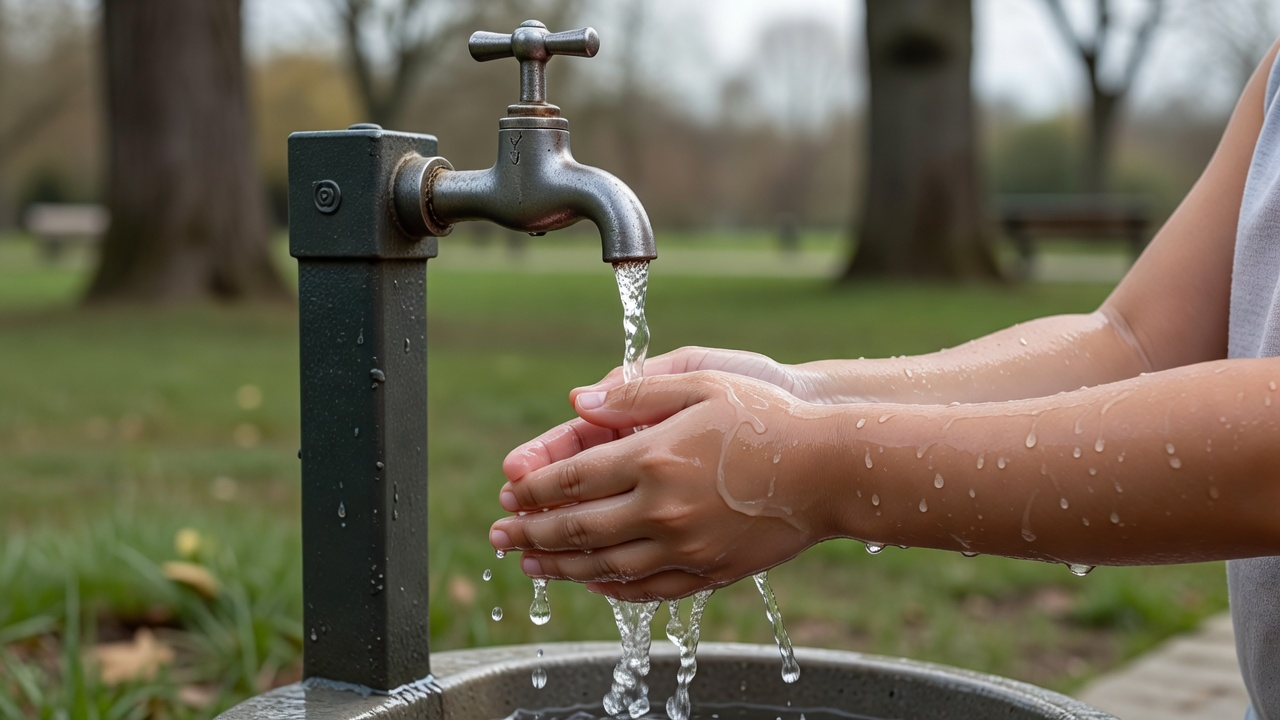 Mains d'enfants sous un robinet de parc, sans visage ni nourriture.