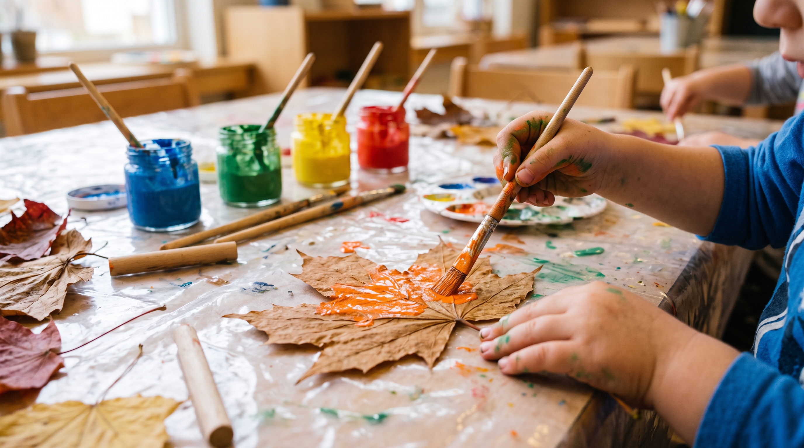 Gros plan sur les petites mains d'un enfant peignant une feuille d'érable à l'orange, atelier d'automne à la maison