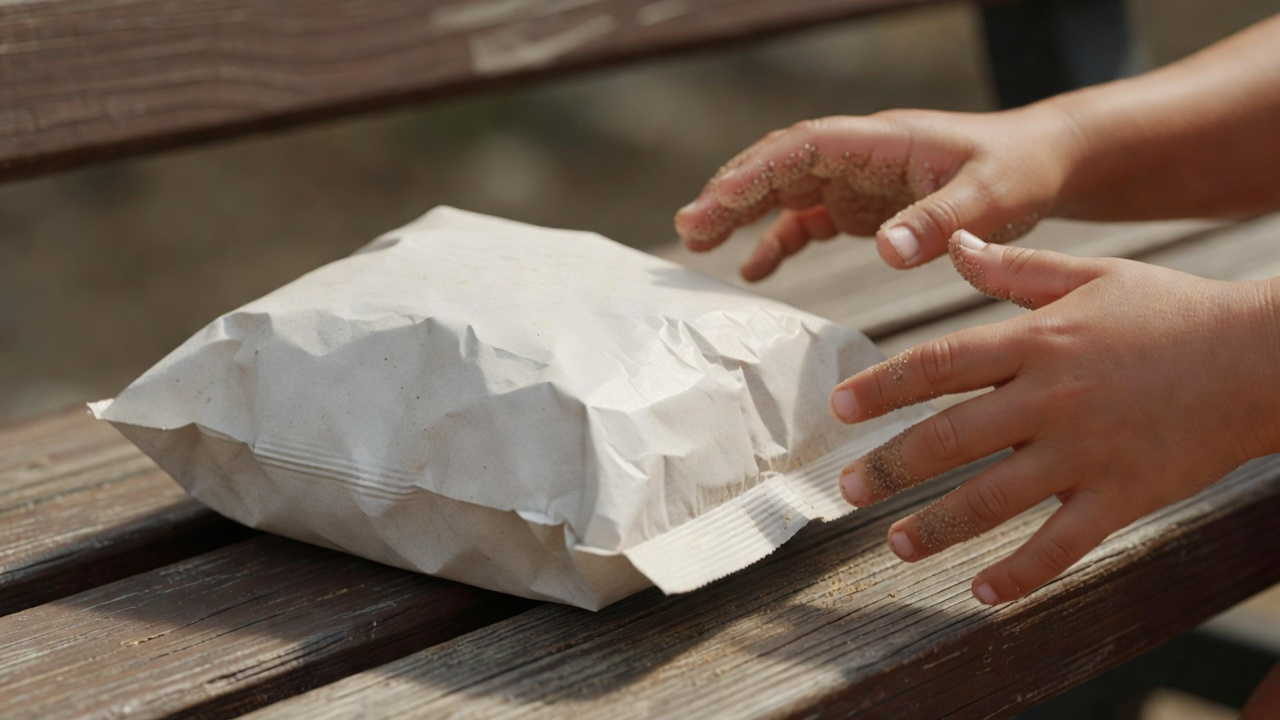 Sachet fermé sur un banc, mains sableuses qui ne le touchent pas.