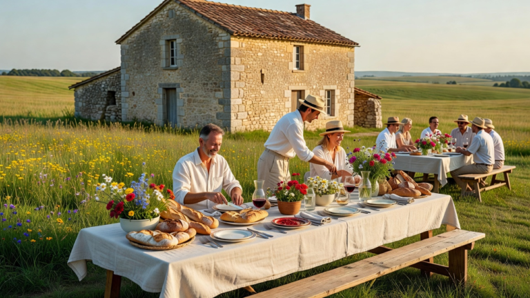 Famille dehors devant une maison de campagne lors d'un week-end nature
