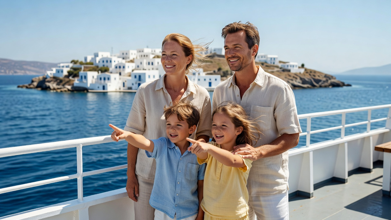 Famille avec enfants au bord d’une côte grecque, ciel clair et mer en arrière-plan