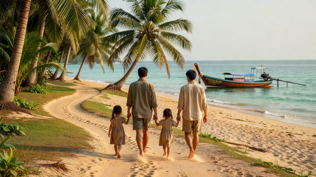 Famille avec deux enfants arrivant sur une plage thaïlandaise pour un voyage en famille