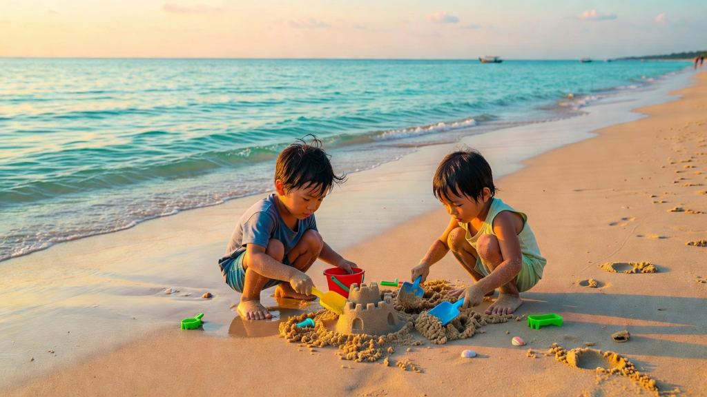 Enfants jouant sur une plage thaïlandaise pendant un voyage en famille