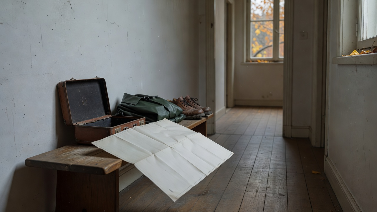 Valise ouverte, imperméable et chaussures fermées, prêts pour un week-end d'automne.
