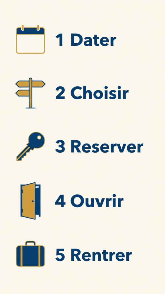 Cinq étapes : dater les nuits, choisir le décor, réserver peu, laisser ouvert, rentrer plus tôt si besoin.