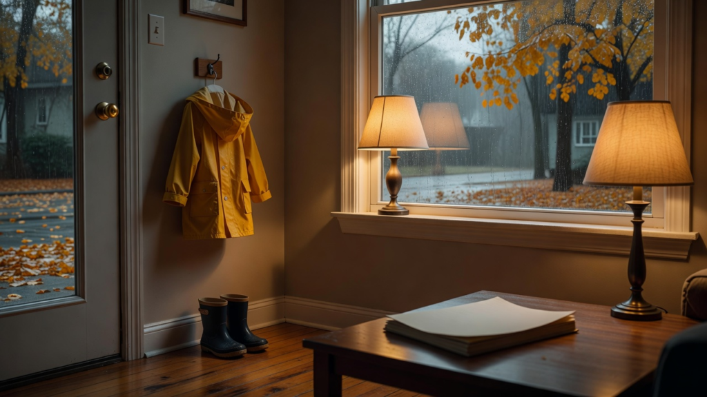 Imperméable et bottes près d'une porte, un jour de pluie d'automne.